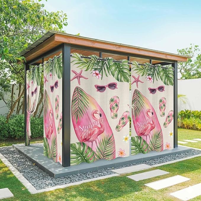 Summer Flamingbirds Outdoor Curtains for Patio Palm Leaves Plumeria Linen Waterproof Outside Curtains with Grommet Top Weatherproof Curtain for Cabana Pergola Gazebo, 1 Panel, 54" W x 84" L