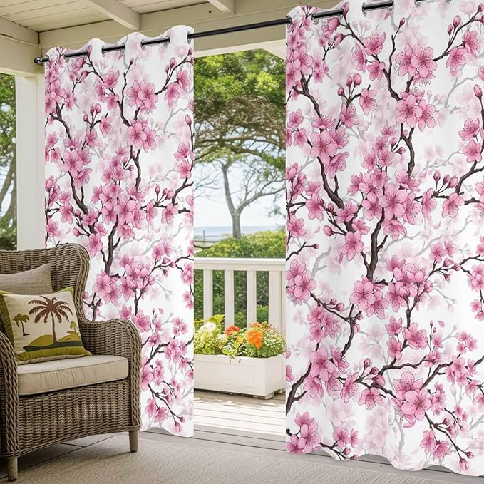 Cherry Flowers Outdoor Curtains for Patio Spring Flower Vintage Watercolor Waterproof Outside Curtains with Grommet Top Weatherproof Curtain for Cabana Pergola Gazebo, 1 Panel, 54" W x 95" L
