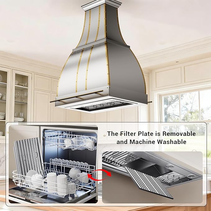 CHETTO C Stainless Steel Range Hood Cover with Quiet Vent Hood Insert Custom Handcrafted Metal Kitchen Fan with Towel Rack LED Light 60"W x27"D x51"H Brushed Stainless Steel Island Mount