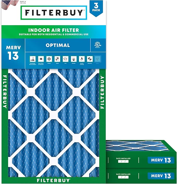 Filterbuy 16x30x2 Air Filter MERV 13 Optimal Smoke & Allergy Defense (3-Pack), Electrostatic Pleated HVAC AC Furnace Filters Replacement, Made in USA (Actual Size: 15.69 x 29.69 x 1.75)