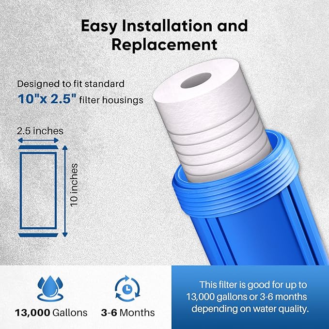PUREPLUS 5 Micron 10" x 2.5" Whole House Grooved Sediment Home Water Filter, Replacement Cartridge for Any 10 inch RO Unit, AO-WH-PREV-R2, AP110, WHKF-G05, AB-SGR5M, GXWH20S, WFPFC5002, CFS10, 6Pack