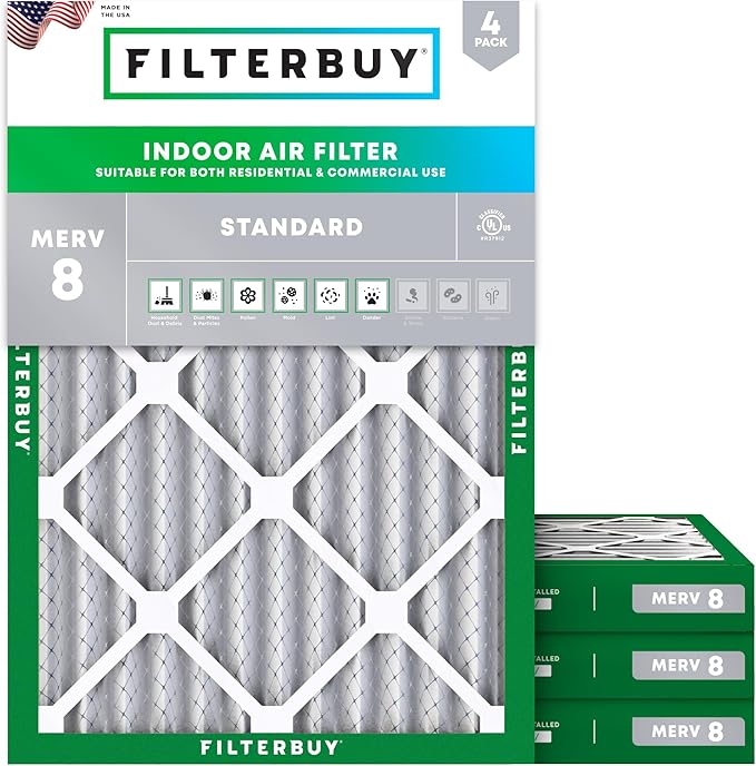 Filterbuy 24x30x2 Air Filter MERV 8 Essential Dust & Allergy Defense (4-Pack), Electrostatic Pleated HVAC AC Furnace Filters Replacement, Made in USA (Actual Size: 23.50 x 29.50 x 1.75)
