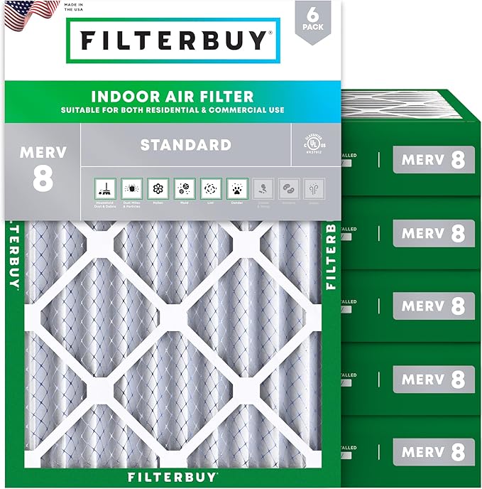 Filterbuy 18x20x4 Air Filter MERV 8 Essential Dust & Allergy Defense (6-Pack), Electrostatic Pleated HVAC AC Furnace Filters Replacement, Made in USA (Actual Size: 17.50 x 19.50 x 3.63)