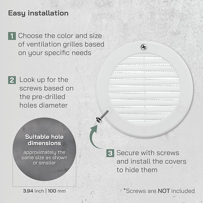 Vent Systems 4" Inch (Opening Dimensions) White Soffit Vent Cover - Plastic Round Air Vent Grille - Built-in Mesh Screen - HVAC Register Louver for Bathroom, Home, Kitchen