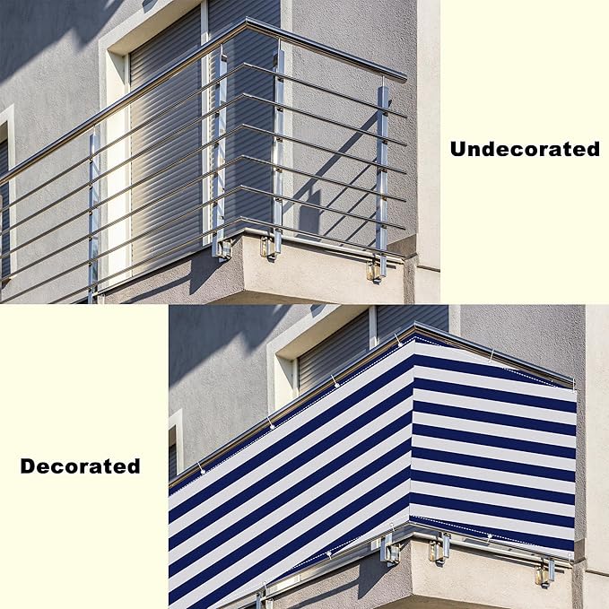 Fence Privacy Screen 4.6' x 26.2' Durable UV-Resistant Garden Fence, with Grommets, for Decks, Patios, Backyards, Outdoor Pools, Porches, Railings, Blue Stripes