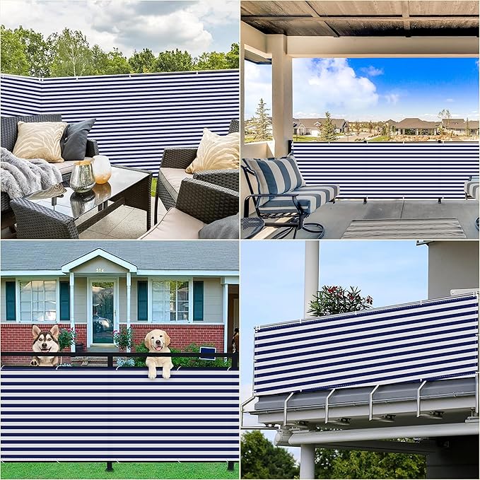 Fence Privacy Screen 4.6' x 26.2' Durable UV-Resistant Garden Fence, with Grommets, for Decks, Patios, Backyards, Outdoor Pools, Porches, Railings, Blue Stripes