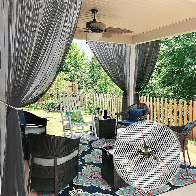 RYB HOME 2 Panels Porch Screen Mesh Outdoor Curtains Lightweight Mosquito Netting for Patio Gazebo Pool Hut Bug Netting Size Adjustable, Black, 118 inches Wide x 108 inches Long