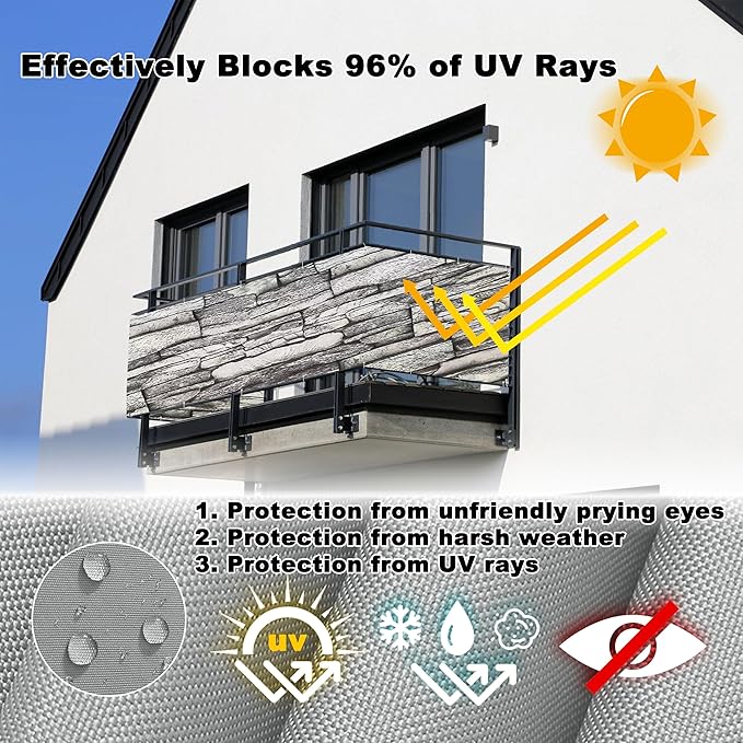 Privacy Screen 4.6' x 16.4' UV Protection Weather-Resistant Outdoor Privacy Screen, with Grommets, for Carport, Fence, Patio, Apartment, Backyard, Balcony, Stone Pattern