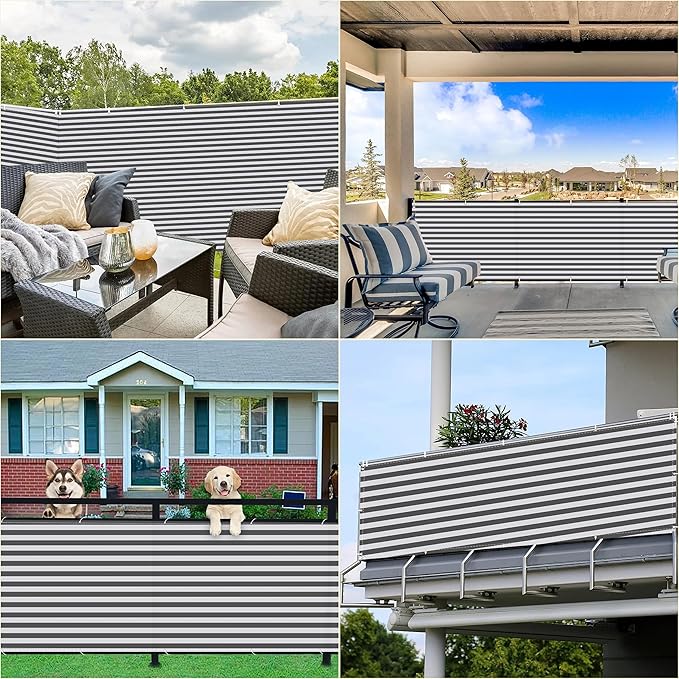 Privacy Fence 3' x 65.6' UV-Resistant Visibility Reduction Privacy Fence Panels for Outside, Included Cable Ties Customized Size for Pergola Balcony Porch Carport Deck Window, Gray Stripes
