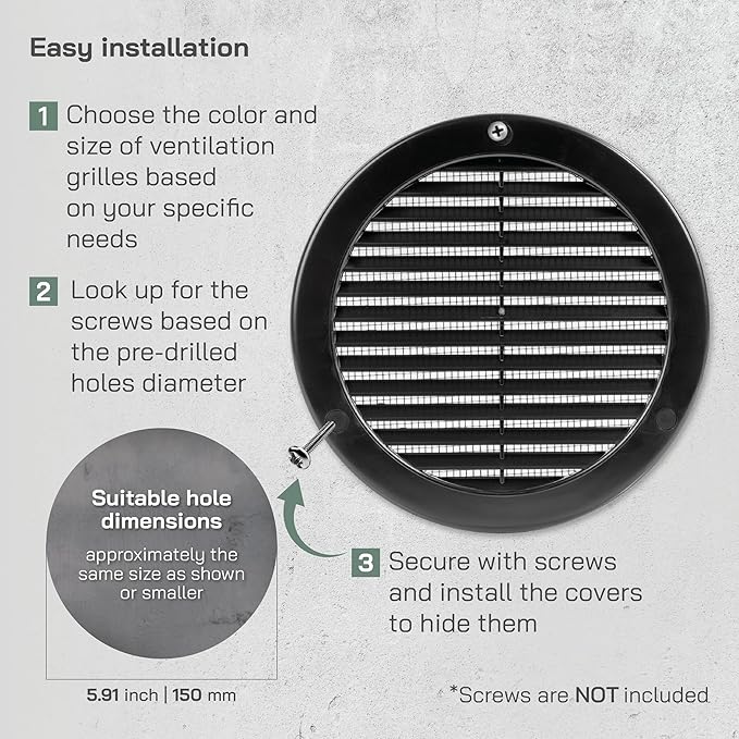 Vent Systems 6" Inch (Opening Dimensions) - Pack of 50 - Black Soffit Vent Cover - Plastic Round Air Vent Grille - Built-in Mesh Screen - HVAC Register Louver for Bathroom, Home, Kitchen