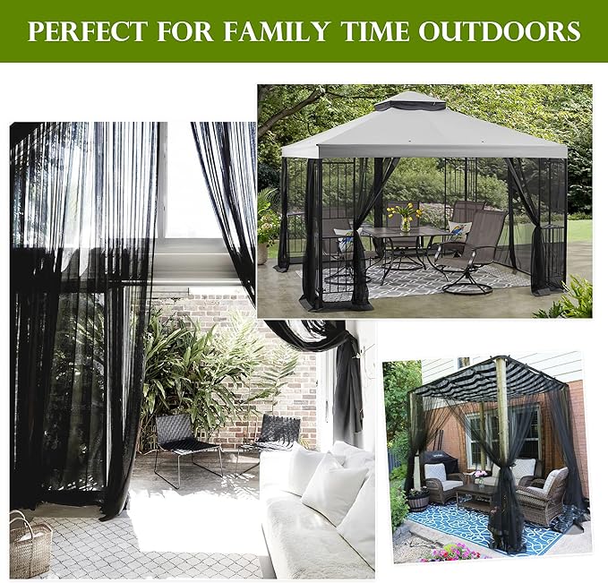 RYB HOME 2 Panels Porch Screen Mesh Outdoor Curtains Lightweight Mosquito Netting for Patio Gazebo Pool Hut Bug Netting Size Adjustable, Black, 118 inches Wide x 98 inches Long