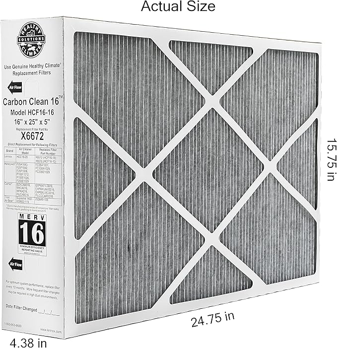 Lennox Healthy Climate Lennox X6672 16x25x5 Healthy Climate Carbon-Clean MERV 16 Filter Bundle with Same Day Supply Filter Change Reminder Magnet (2-Pack) 2 Count (Pack of 1)