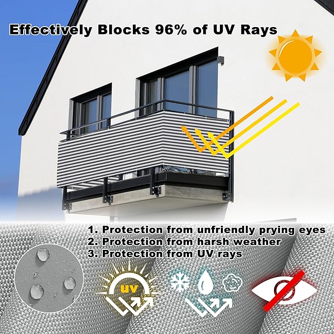 Balcony Privacy Screen 3' x 13.1' UV Protection Weather Resistant Waterproof Outdoor Dog Fence, Includes Cable Ties for Outdoor, Patio, Deck, Backyard Porch Privacy, Gray Stripes