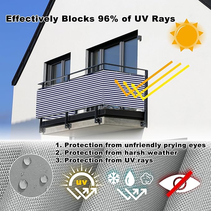 Fence Privacy Screen 4.6' x 26.2' Durable UV-Resistant Garden Fence, with Grommets, for Decks, Patios, Backyards, Outdoor Pools, Porches, Railings, Blue Stripes