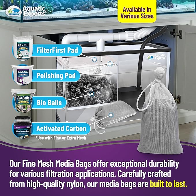 Aquatic Experts Fine Aquarium Media Bag, Durable Drawstring Bags for Fish Tank Filters, 450 Micron Mesh, (Fine, 3"x 4" - 4 Pack)