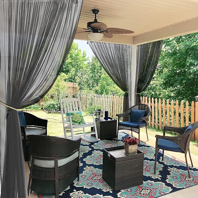 RYB HOME 2 Panels Porch Screen Mesh Outdoor Curtains Lightweight Mosquito Netting for Patio Gazebo Pool Hut Bug Netting Size Adjustable, Black, 118 inches Wide x 108 inches Long