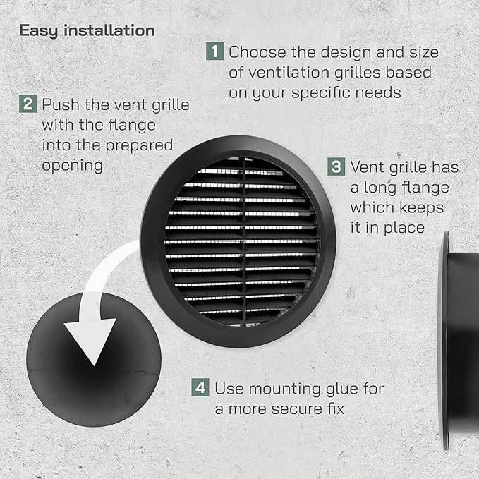 Vent Systems 5'' Inch - Black - Pack of 2 - Soffit Vent Cover - Round Air Vent Louver - Grill Cover - Built-in Insect Screen - HVAC Vents for Bathroom, Home Office, Kitchen